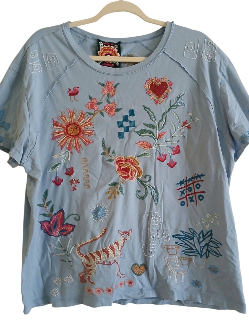 Johnny Was Embroidered Raw Edge Tee XXL Blue Boho Animals Flowers